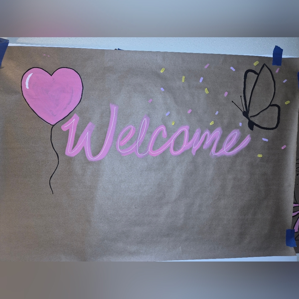 Pink Welcome Banner with Heart and Butterfly